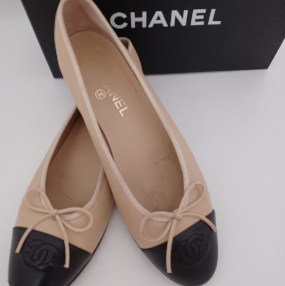 Chanel Authentic Bow Ballet Leather Flats Brown Black EU 39.5  US 8.5 Box Dustbg